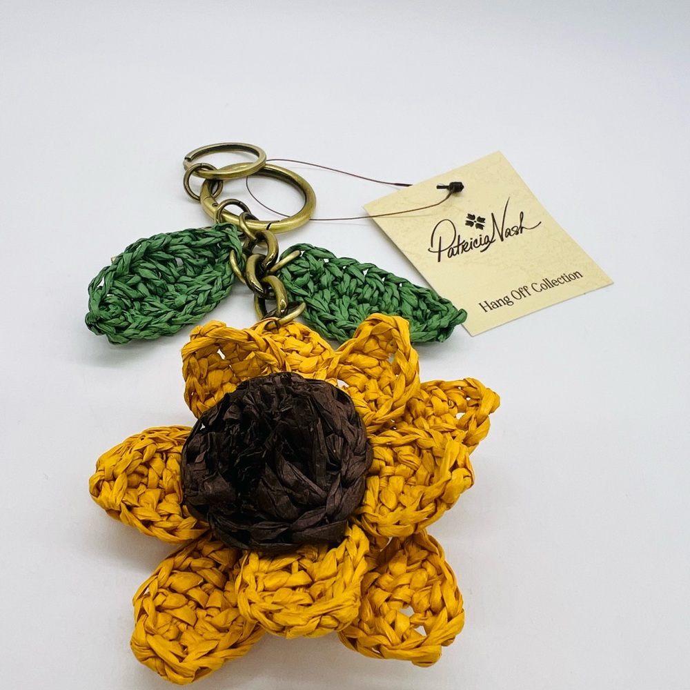Patricia Nash Yellow Flower Raffia Keychain with Green Leaves